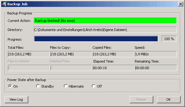 Progress dialog after successful backup