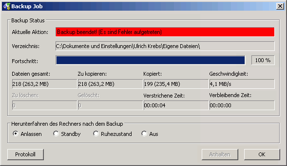Fortschrittsdialog bei fehlgeschlagenem Backup