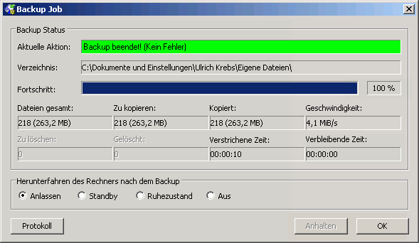 Fortschrittsdialog bei erfolgreichem Backup
